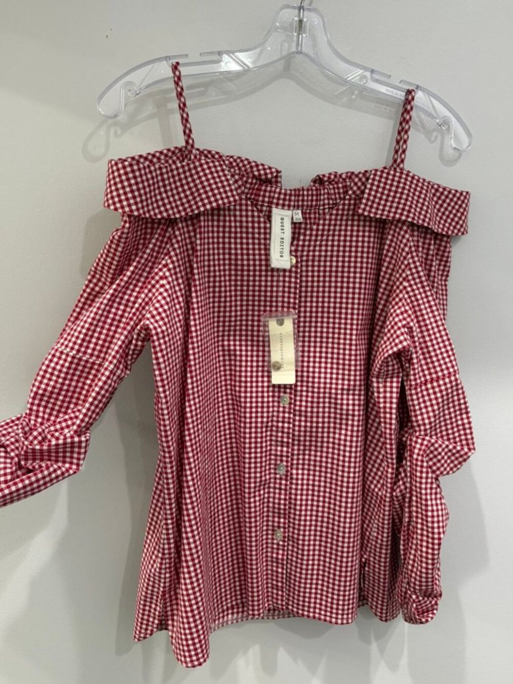Anthropologie Guest Editor Adalie Open Shoulder Red Gingham Blouse Medium NWT